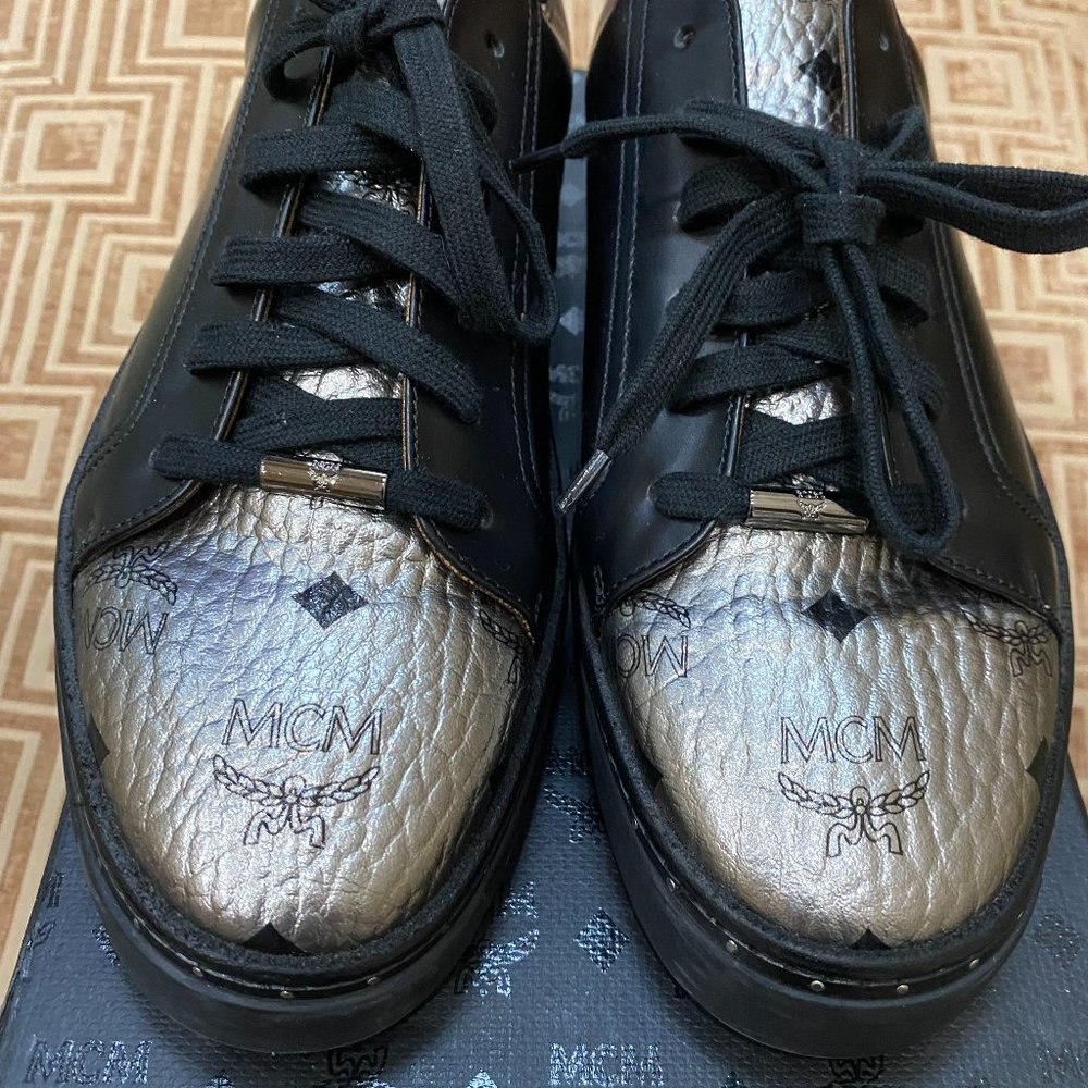 MCM MEN - Visetos Monogram Leather Sneakers - Black/Silver Toe - MEN 10US (43EU)